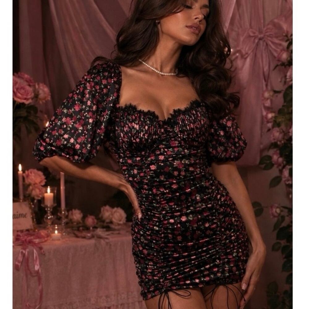For Love And Lemons Rose Print Mini Corset Dress Romantic Coquette Milkmaid  XL